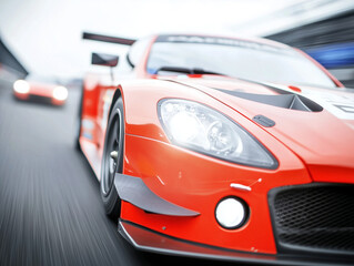 Close up of red racing car speeding on track with headlights on