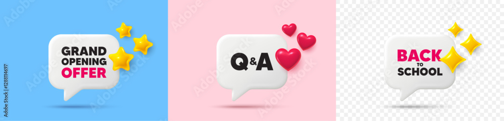 Poster questions answers chat speech bubble. 3d stars, sparkles, hearts chat bubbles. questions and answers