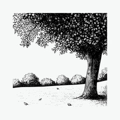black and white vector line drawing, trees in extremely fine detail