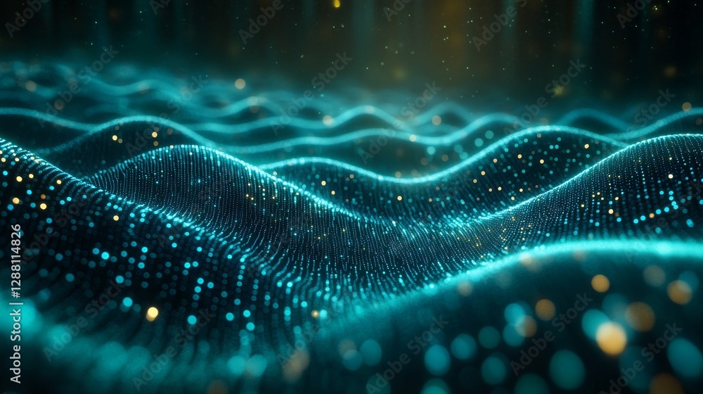Poster Abstract digital waves of glowing blue particles on dark background, futuristic technology. Data visualization and networking concept