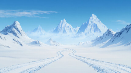 Obraz premium Serene winter landscape with snow-covered mountains and tire tracks leading into the distance. A peaceful scene of pristine nature.