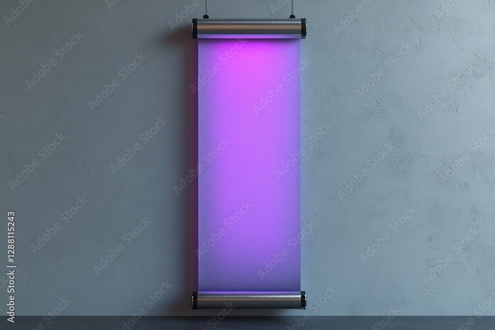 Poster soft neon violet light casting on a vertical chinese scroll with a silver border.