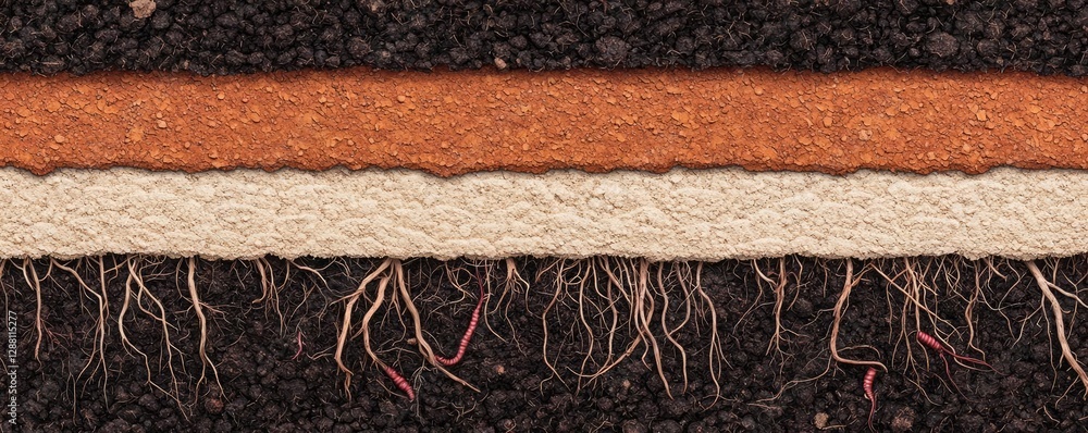 Poster weathering process concept. cross-section of soil layers illustrating root systems and various soil 