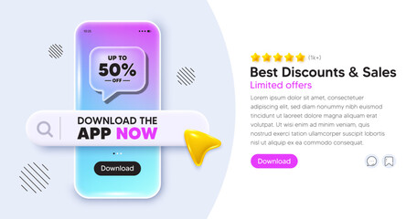 Discount tag mobile phone banner. App chat speech bubble. Up to 50 percent off sale. Discount offer price sign. Special offer symbol. Save 50 percentages. Phone template with search bar. Vector