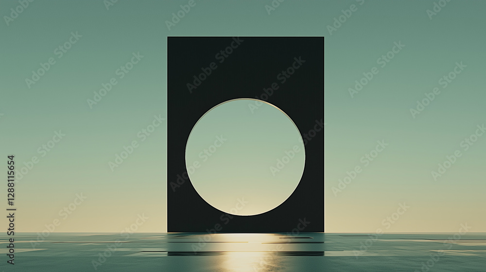 Poster minimalist structure with circular cutout stands against serene sky