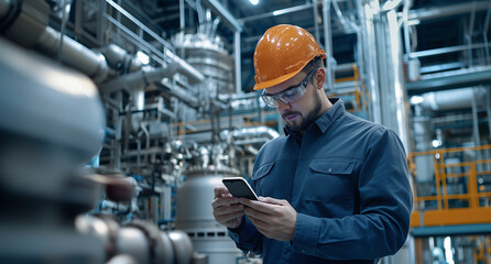 male engineer in hard hat and safety glasses uses smartphone in industrial facility