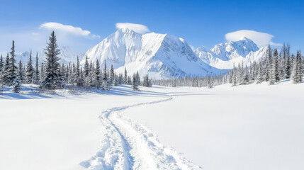 Obraz premium A snowy path winds through a pristine winter landscape, leading towards majestic snow-capped mountains under a brilliant blue sky.