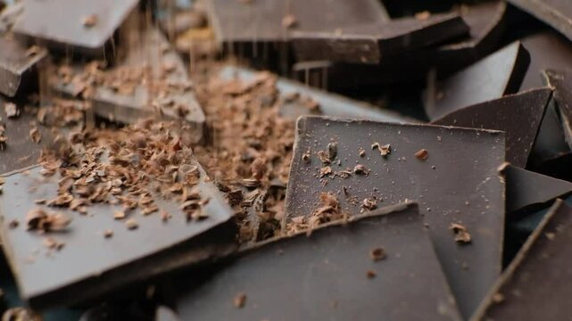 Chocolate chips pour on pieces of dark organic chocolate slow motion