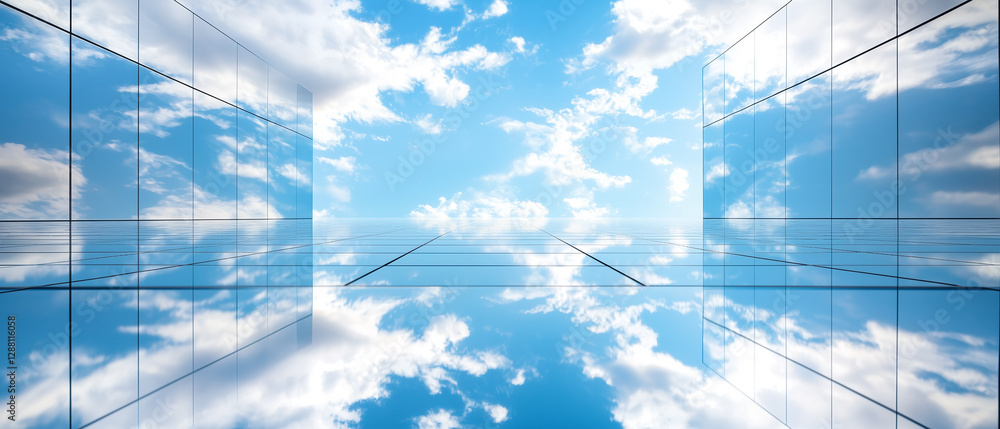 Poster reflective glass surfaces create perfect mirror effect of cloudy sky
