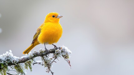 A vibrant yellow bird perched on a snowy branch, showcasing its striking color against a soft, blurred background.