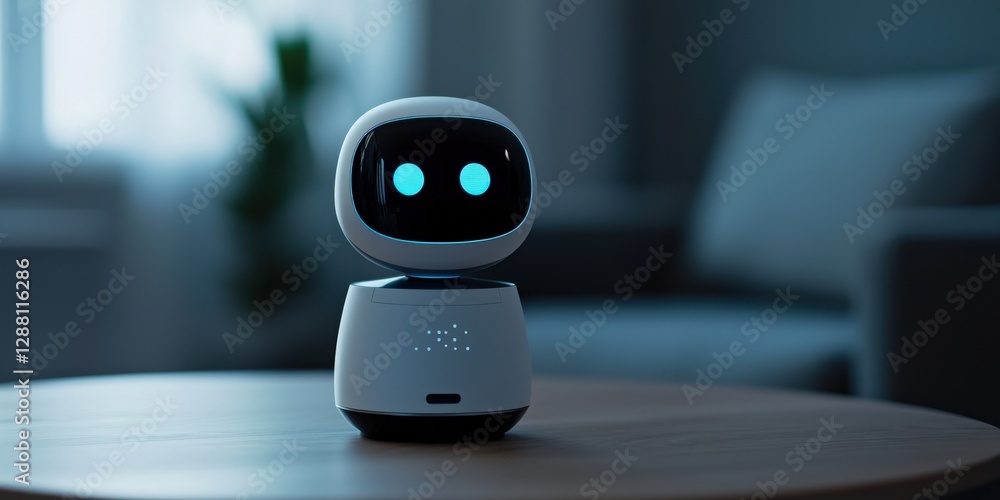 Poster efficiency increase workflow automation concept. cute robot toy with glowing eyes on a wooden table 