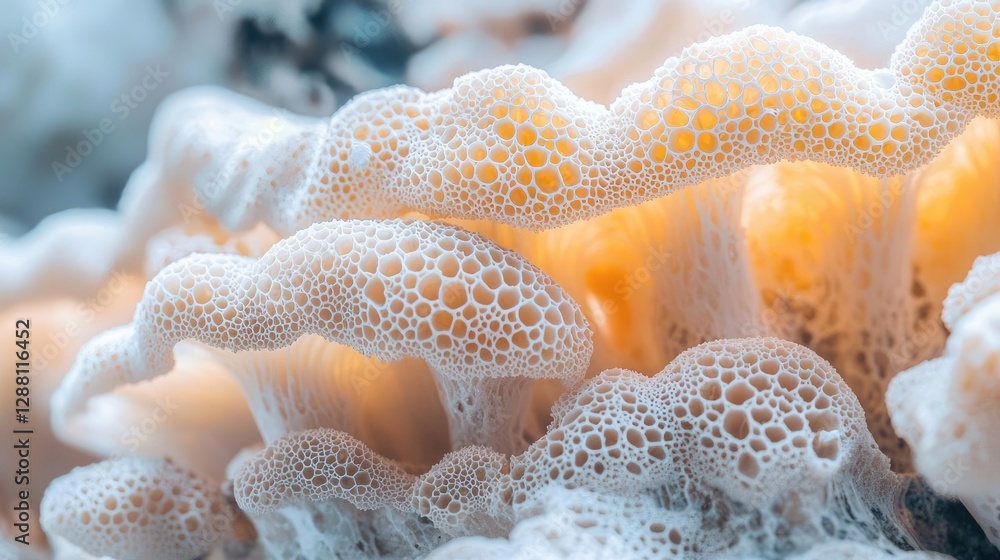 Poster ocean acidification concept. close-up of intricate mushroom textures with bubbles and soft light eff