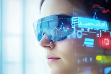 Young caucasian female engages with futuristic augmented reality interface