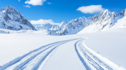Obraz premium Serene winter landscape: snow-covered path winding through majestic snow-capped mountains under a vibrant blue sky.