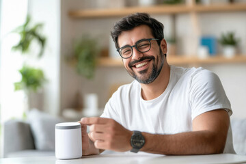A tech-savvy Indian using a smart home assistant in a modern apartment.