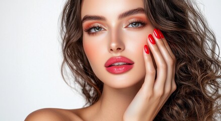 Fototapeta premium The image features a stunning model with long, curly locks, showcasing the latest fashion trend, complete with a bold red manicure and flawless cosmetics, including makeup and a wavy hairstyle
