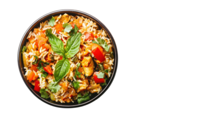 Colorful stir-fried rice with vegetables and chicken served in a black bowl on a white background