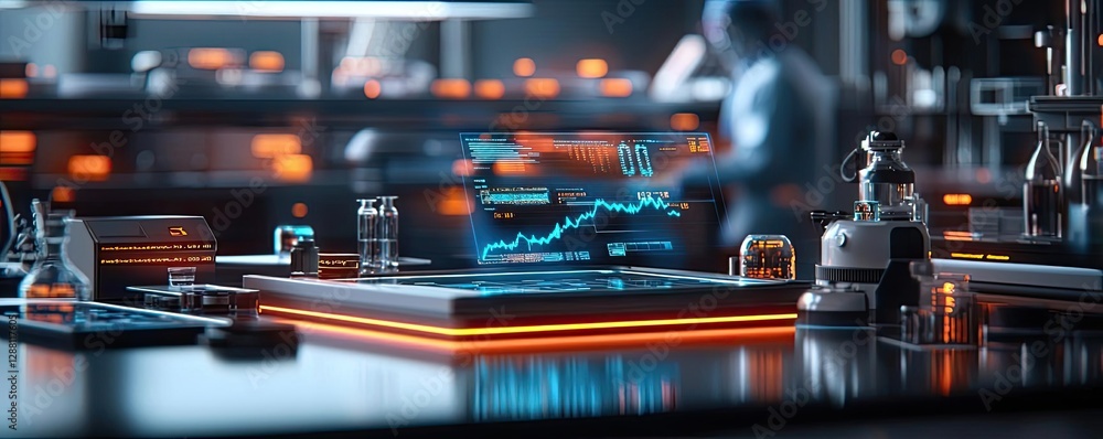 Poster ocean acidification concept. futuristic laboratory workspace with digital data display and advanced 
