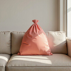 Whoopee cushion on a modern sofa in a minimalist living room, playful yet subtle humor