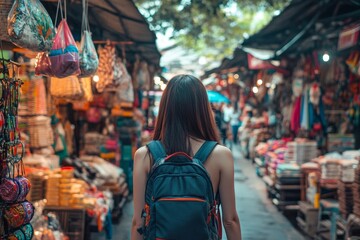 Obraz premium Asian female in outdoor market exploring handmade goods and colorful stalls