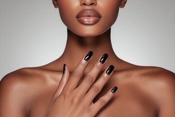 A serene young black woman with a short black hairstyle, moist lips, and impeccably manicured black nails adorned with silver jewelry gazes directly at the camera