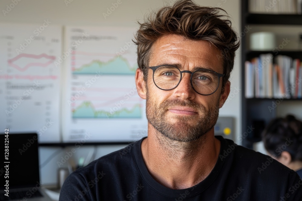 Poster an entrepreneur is gesturing towards financial charts on a sheet of paper as part of a business anal