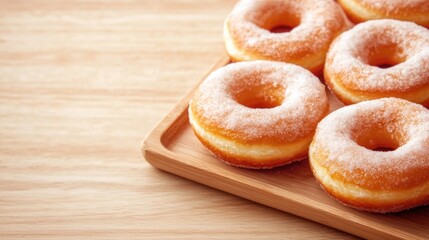 Freshly baked donuts arranged neatly on wooden tray, showcasing