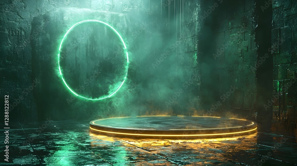 Poster glowing neon rings floating in futuristic dark space for product display and conceptual showcase