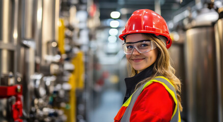 A worker in a hard hat and safety glasses smiles confidently while standing in an industrial facility with machinery in the background