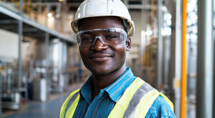 A worker wearing a hard hat and safety vest smiles confidently while standing in a well-lit factory environment during the day