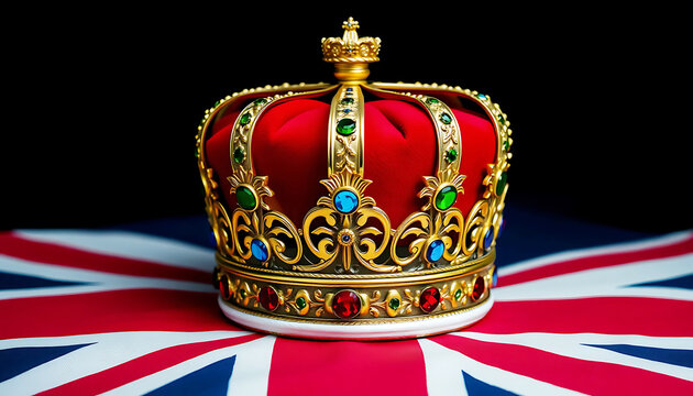 Royal golden crown with jewels on top of the Union Jack flag, symbolizing British monarchy, royalty, heritage, and United Kingdom's history.