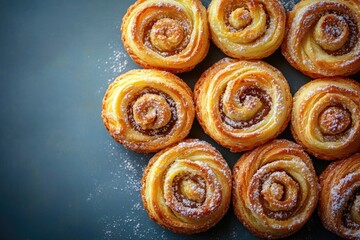 Warm, flaky pastries arranged in circular pattern, dusted with s