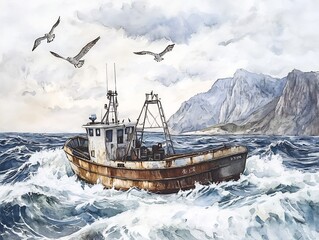 Weathered Fishing Boat Braving Stormy Ocean Waves and Cloudy Skies
