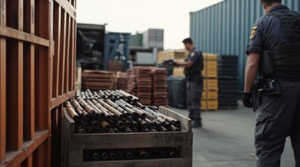 Criminal investigation at an international arms smuggling operation. Featuring agents examining weaponry