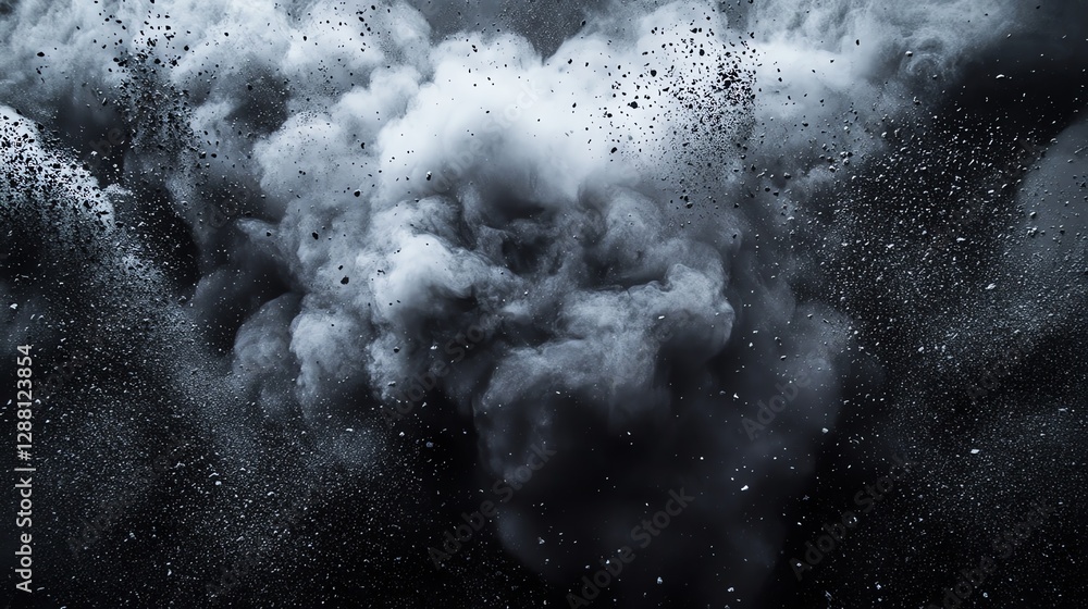 Poster dark cloud explosion with particles and smoke creating abstract effect