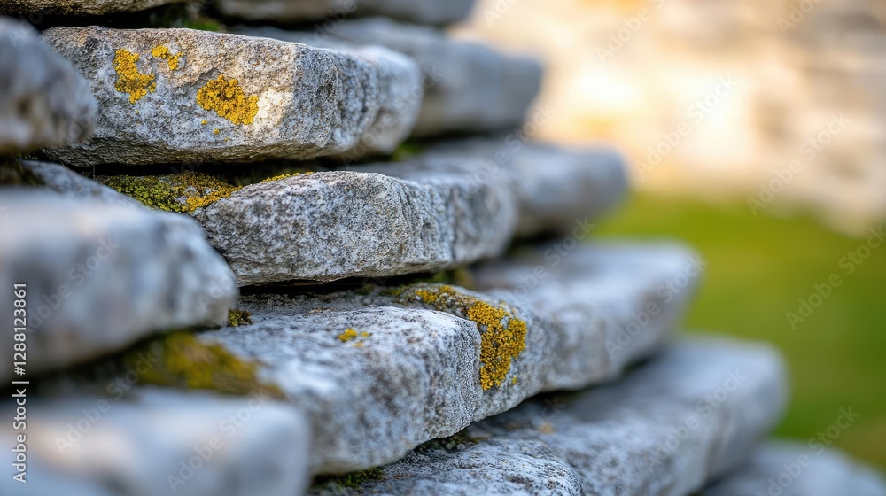 Poster weathering process idea. close-up of textured stone layers with moss, showcasing natural architectur