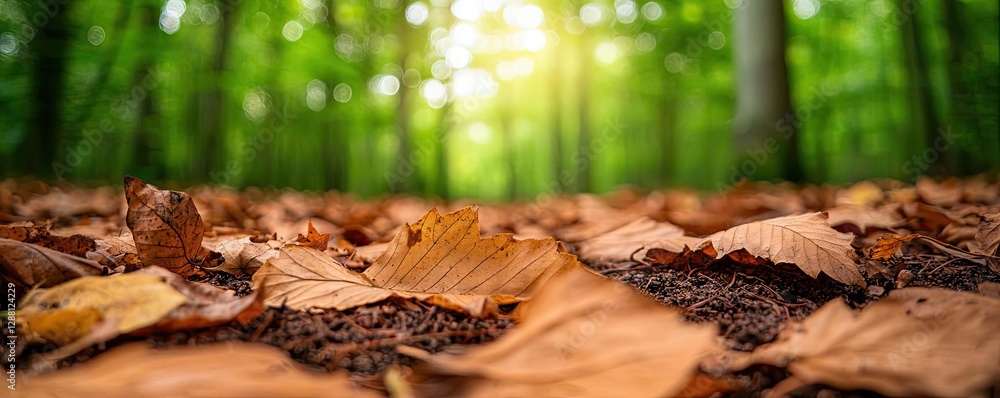 Poster weathering process idea. a serene forest scene with fallen leaves and dappled sunlight filtering thr