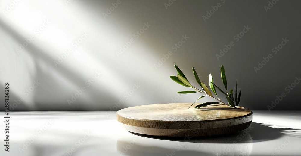 Aufkleber the image features a wooden round tray podium on a white glossy table counter with a green tree twig