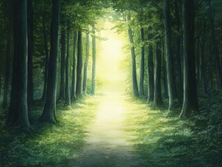 Naklejka premium A serene forest pathway illuminated by soft sunlight, surrounded by tall trees and lush greenery, inviting tranquility and exploration.