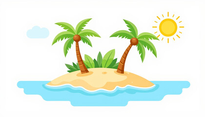 Obraz premium Cartoon tropical island with palm trees and sun.