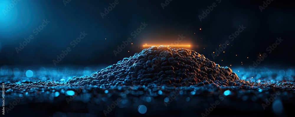 Poster weathering process concept. microscopic view of a particle mound emitting light in a dark, blurred b