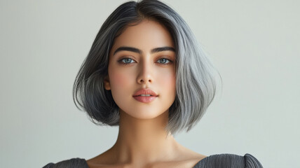 a premium hair dye packaging image featuring a beautiful indian girl with straight, well-groomed platinum hair.