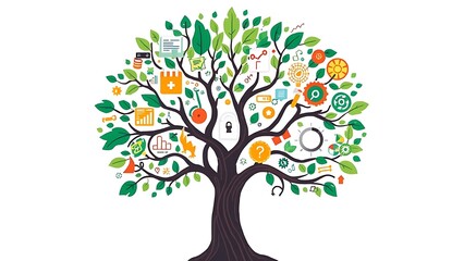 Obraz premium Abstract tree illustration with digital icons and symbols, symbolizing technology, innovation, environment, and sustainability for modern designs.