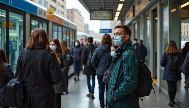 Commuters at a busy public transport station, wearing flu masks, emphasizing social distancing and hygiene for flu prevention.