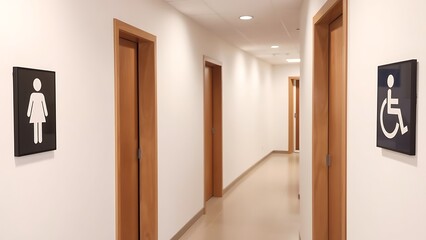 Public restroom hallway with accessible signs for men, women, and disabled individuals, illustrating inclusive bathroom design in public facilities