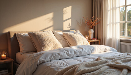 A cozy, sunlit bedroom with a neatly made bed, symbolizing the importance of rest and recovery in strengthening the immune system during spring flu season.