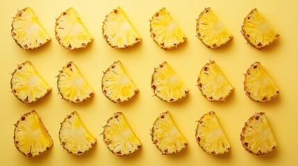 Naklejka premium Vibrant Pineapple Slices Pattern on Yellow Background: Summer Fruit Delight