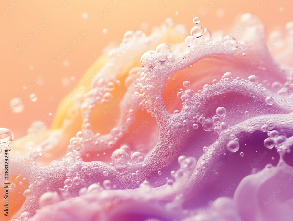 Poster foam texture with bubbles flowing in gradient colors close up
