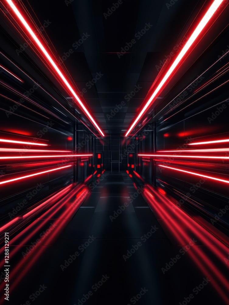 Poster abstract futuristic tunnel illuminated with red neon lights, creating dynamic perspective