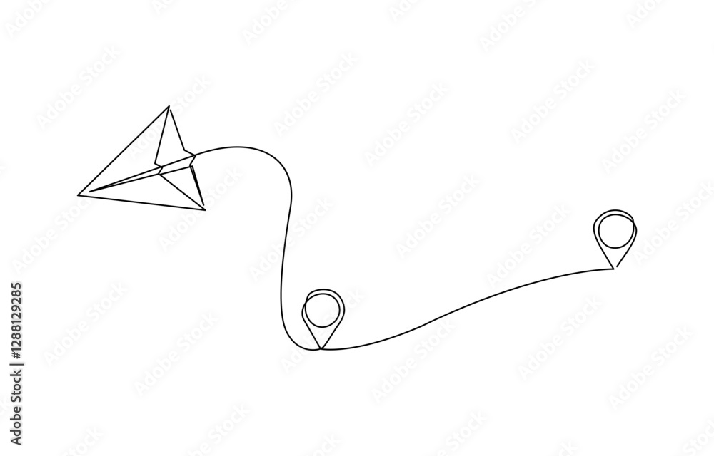Poster continuous one line drawing pointing location at map and paper plane, hand drawn way destination con